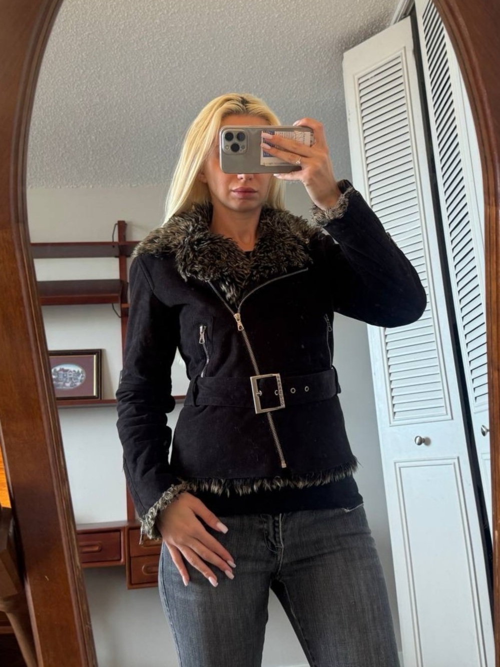 Y2K Parasuco Faux Fur Trim Belted Jacket
